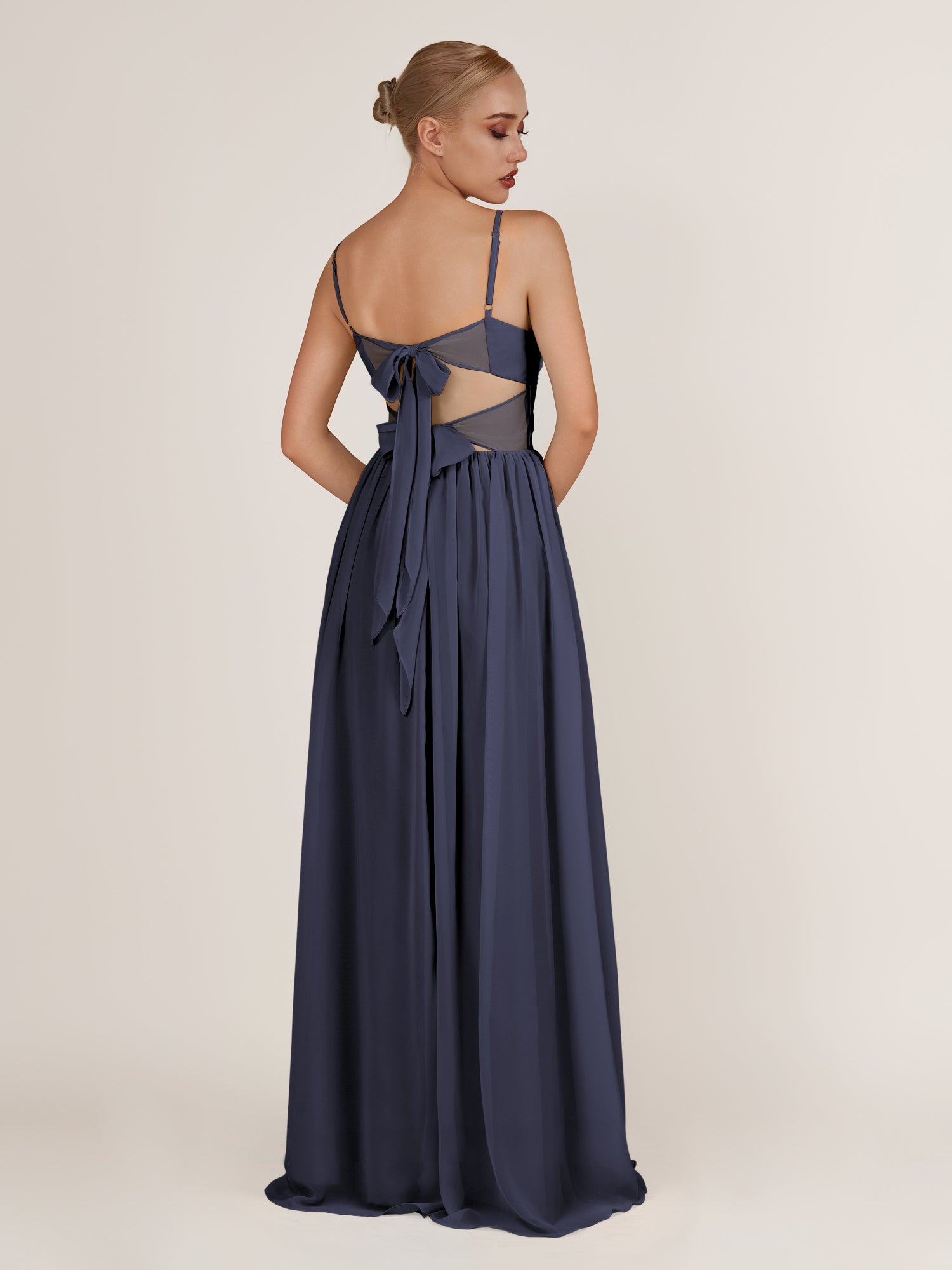 KissDress-Quillaine Dusk Blue A Line V Neck Twisted Long Bridesmaid Dress with Slit