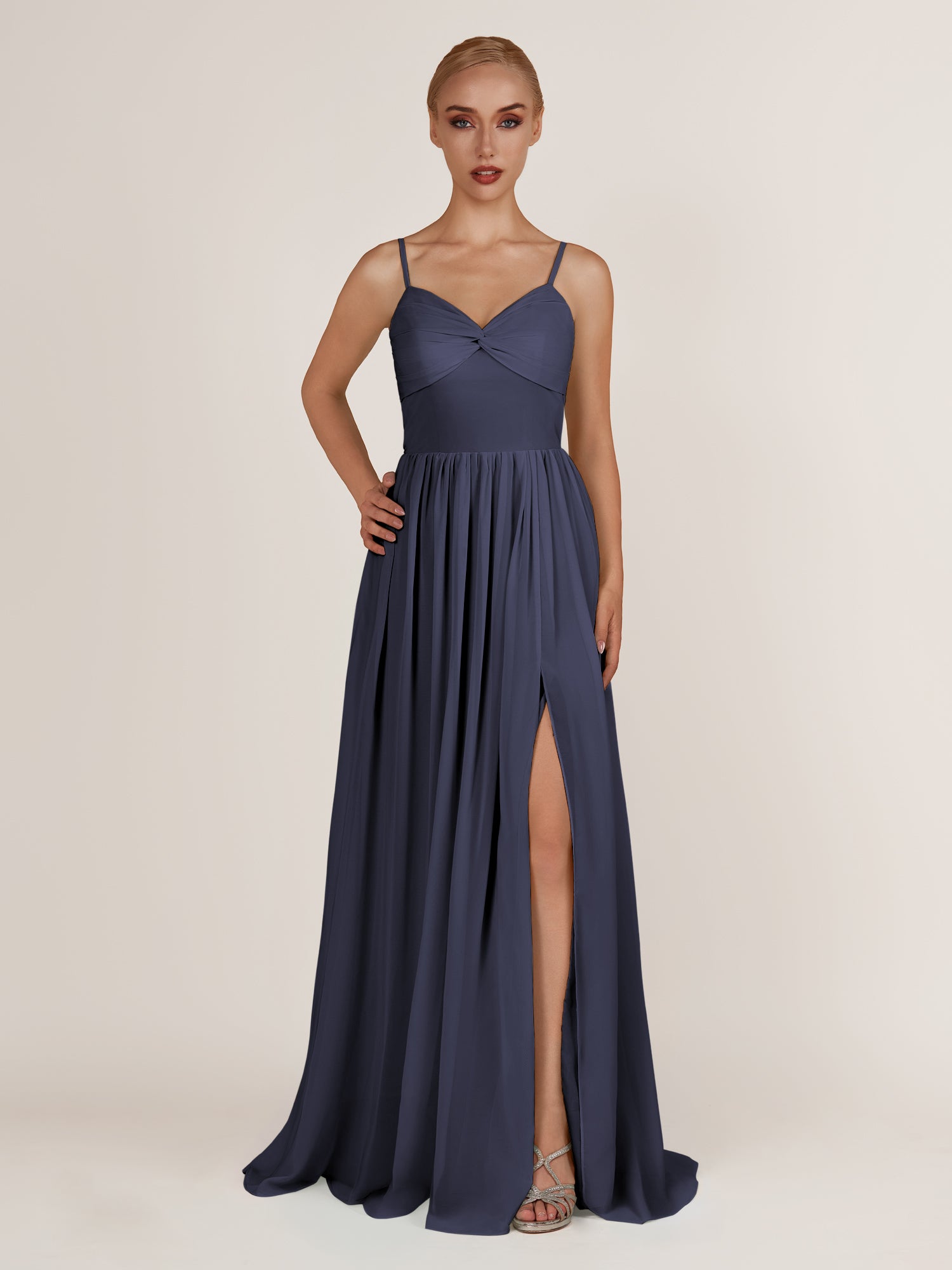 KissDress-Quillaine Dusk Blue A Line V Neck Twisted Long Bridesmaid Dress with Slit