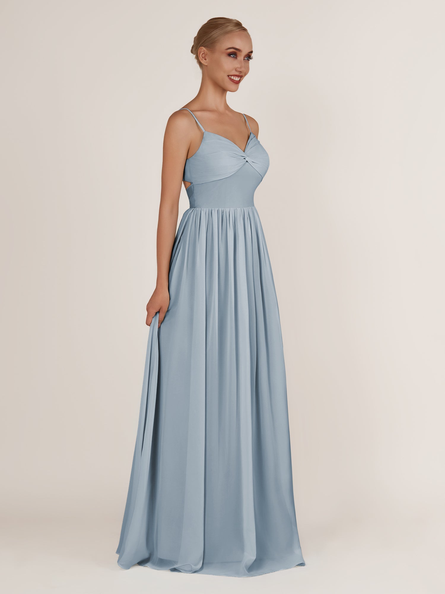KissDress-Quillaine Dusty Blue A Line V Neck Twisted Long Bridesmaid Dress with Slit