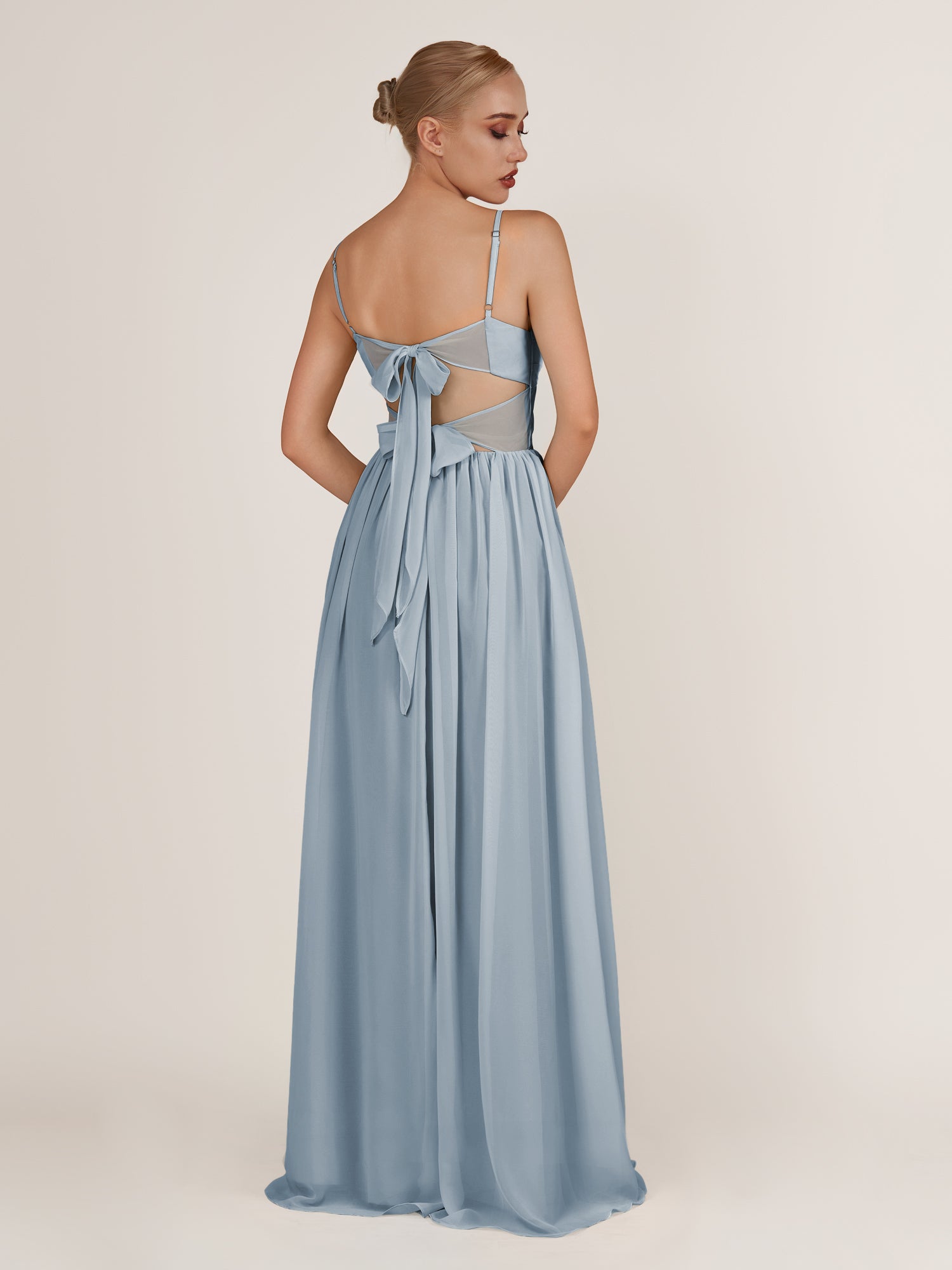 KissDress-Quillaine Dusty Blue A Line V Neck Twisted Long Bridesmaid Dress with Slit