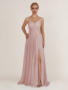 KissDress-Quillaine Dusty Rose A Line V Neck Twisted Long Bridesmaid Dress with Slit
