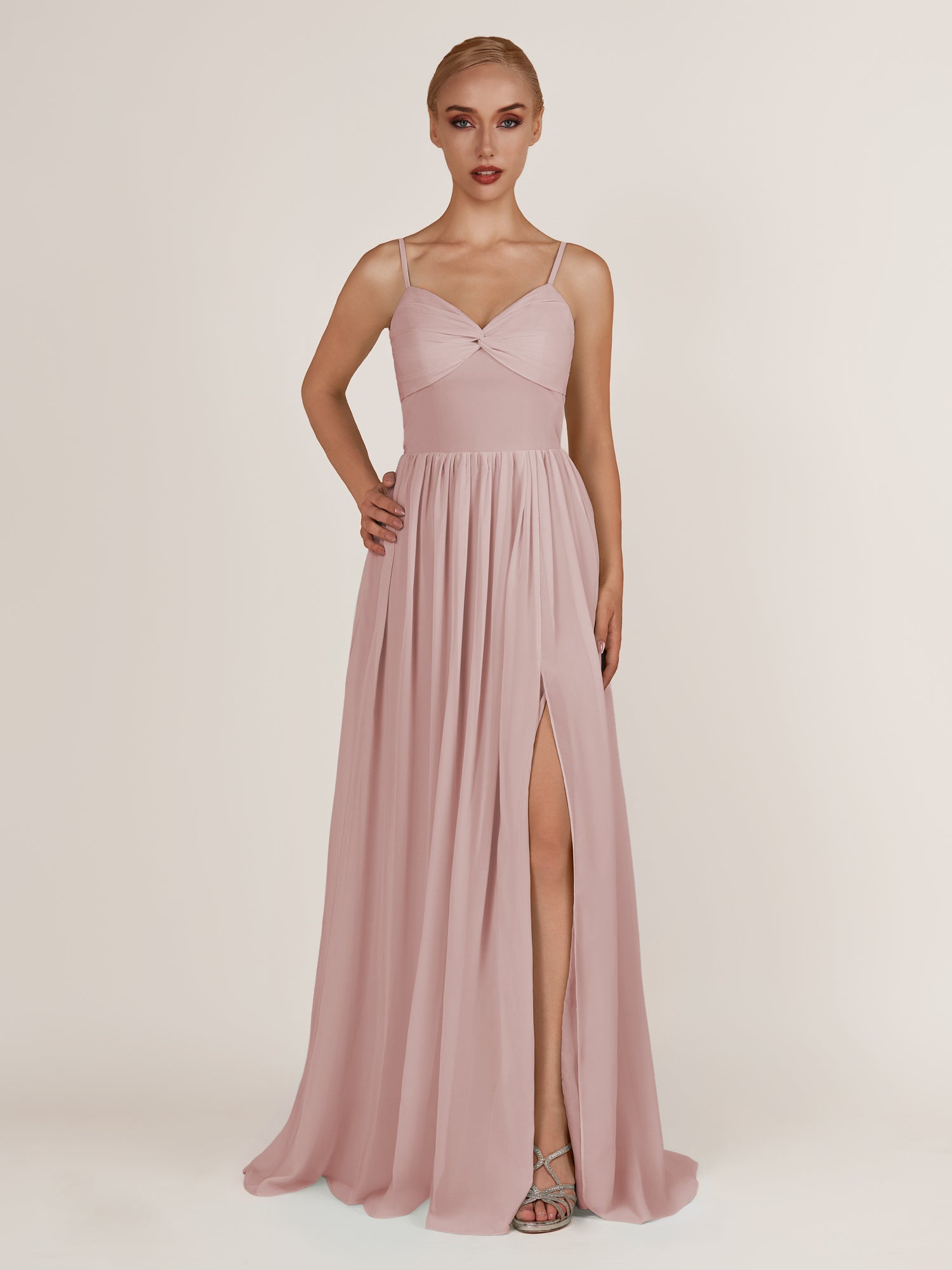 KissDress-Quillaine Dusty Rose A Line V Neck Twisted Long Bridesmaid Dress with Slit