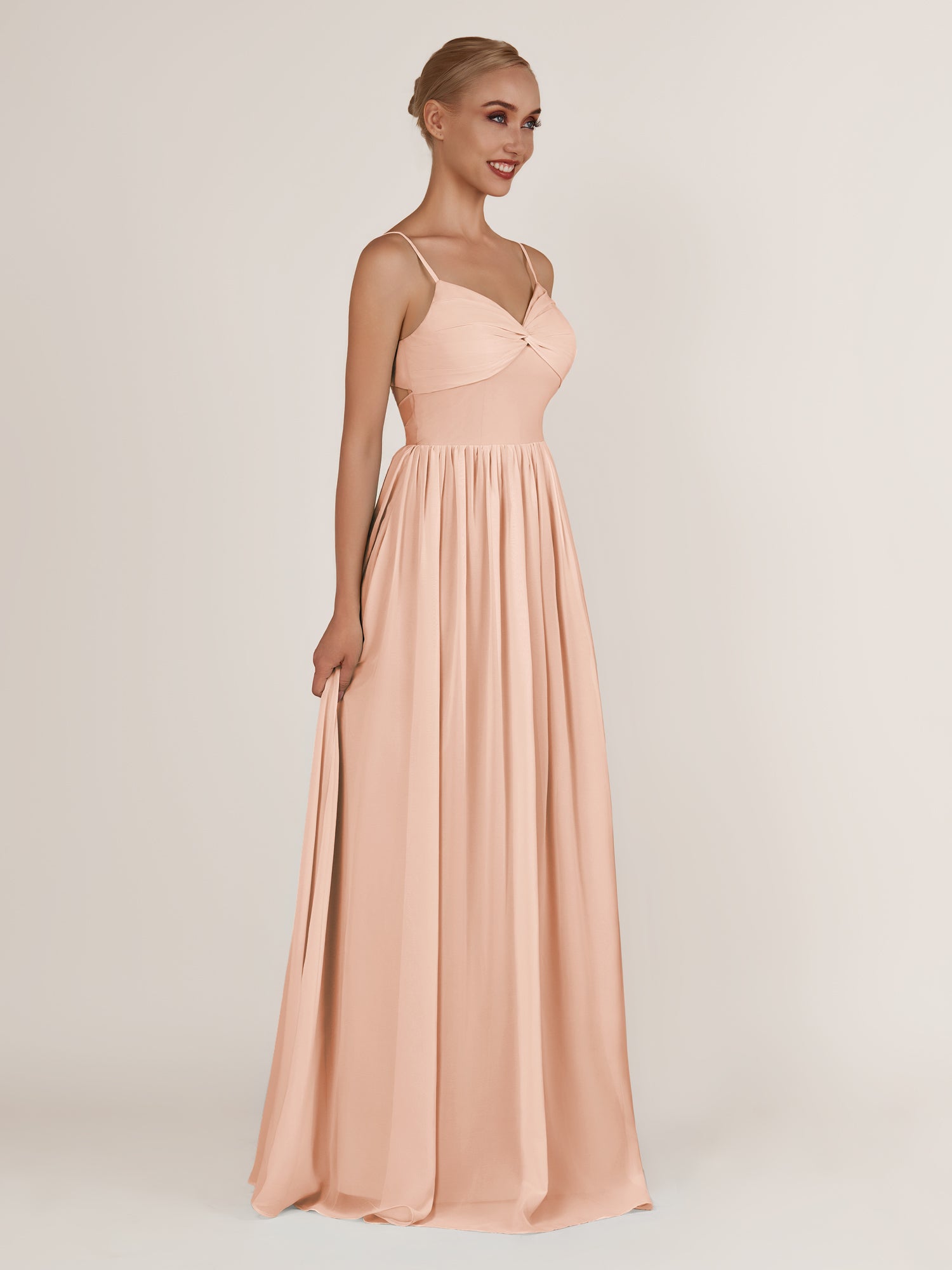KissDress-Quillaine English Rose A Line V Neck Twisted Long Bridesmaid Dress with Slit