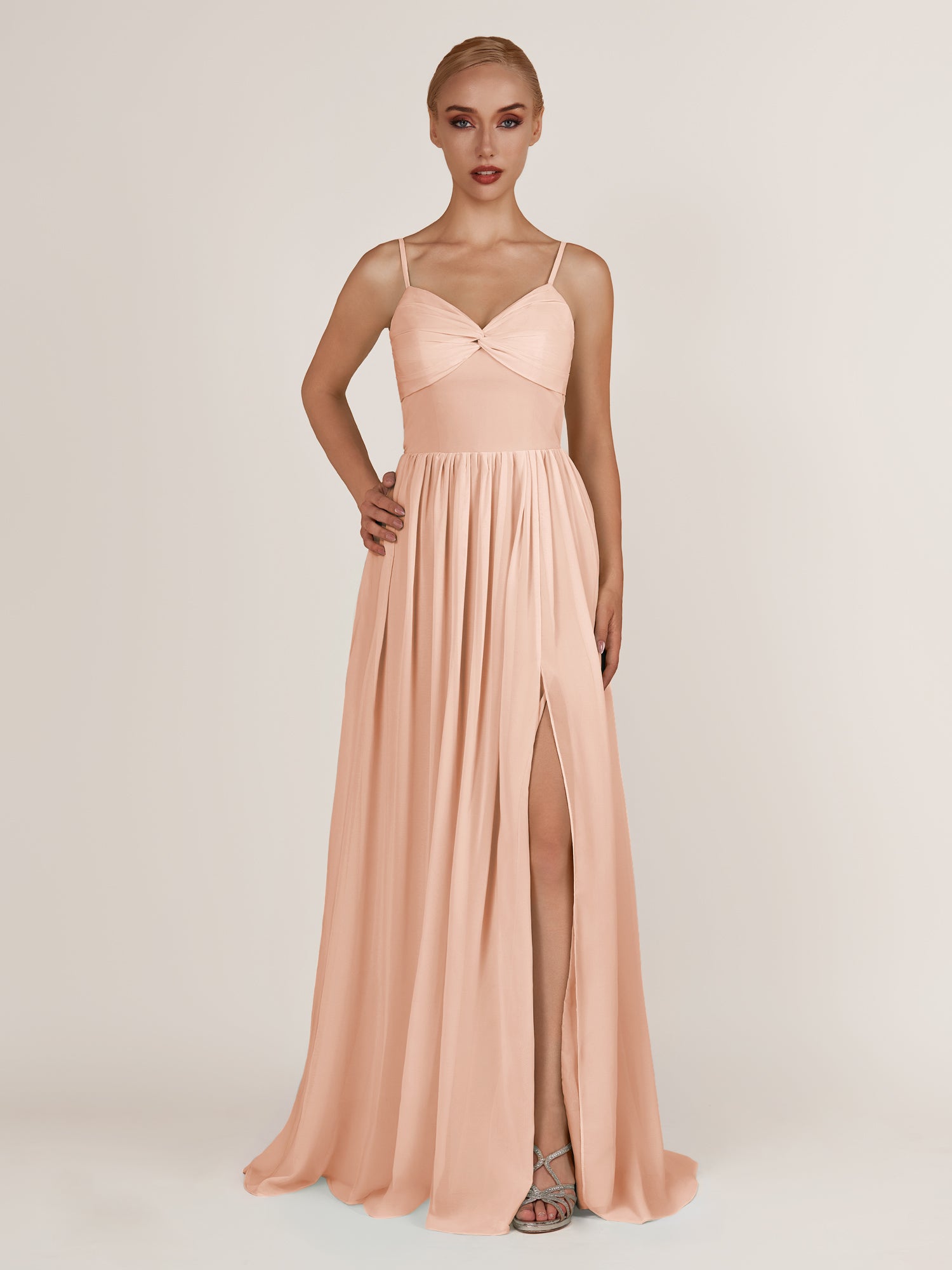 KissDress-Quillaine English Rose A Line V Neck Twisted Long Bridesmaid Dress with Slit
