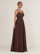 KissDress-Quillaine Espresso A Line V Neck Twisted Long Bridesmaid Dress with Slit