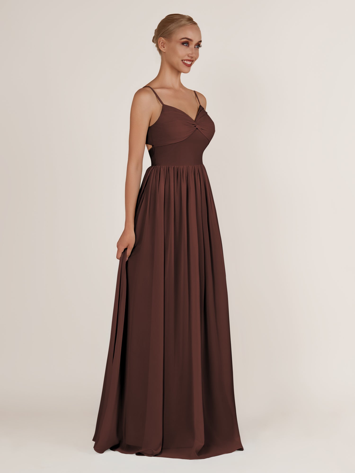 KissDress-Quillaine Espresso A Line V Neck Twisted Long Bridesmaid Dress with Slit