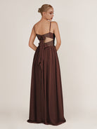 KissDress-Quillaine Espresso A Line V Neck Twisted Long Bridesmaid Dress with Slit