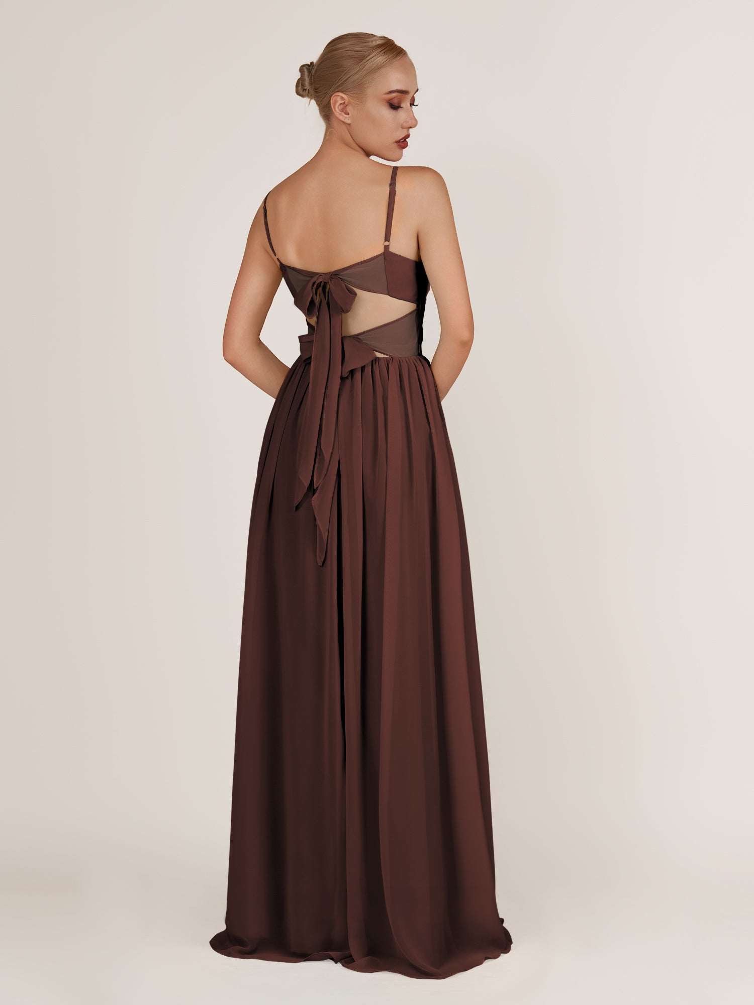 KissDress-Quillaine Espresso A Line V Neck Twisted Long Bridesmaid Dress with Slit