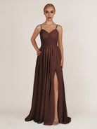 KissDress-Quillaine Espresso A Line V Neck Twisted Long Bridesmaid Dress with Slit