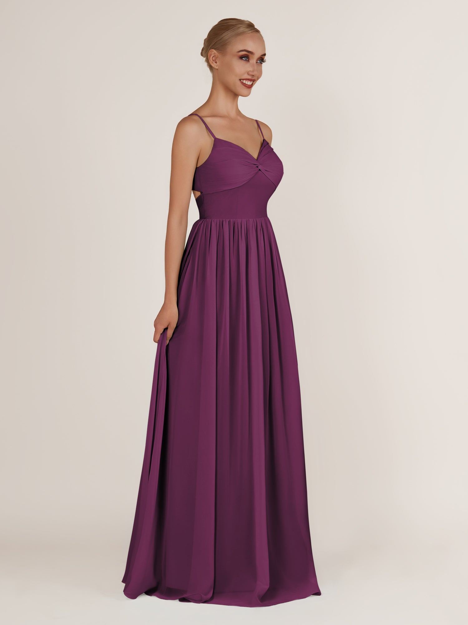 KissDress-Quillaine Fig A Line V Neck Twisted Long Bridesmaid Dress with Slit
