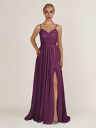 KissDress-Quillaine Fig A Line V Neck Twisted Long Bridesmaid Dress with Slit