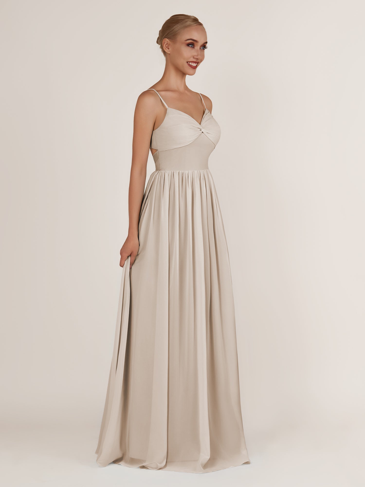 KissDress-Quillaine Frost A Line V Neck Twisted Long Bridesmaid Dress with Slit