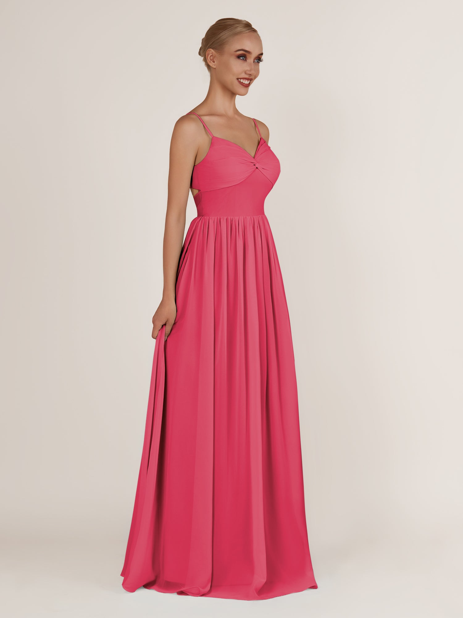 KissDress-Quillaine Fuchsia A Line V Neck Twisted Long Bridesmaid Dress with Slit