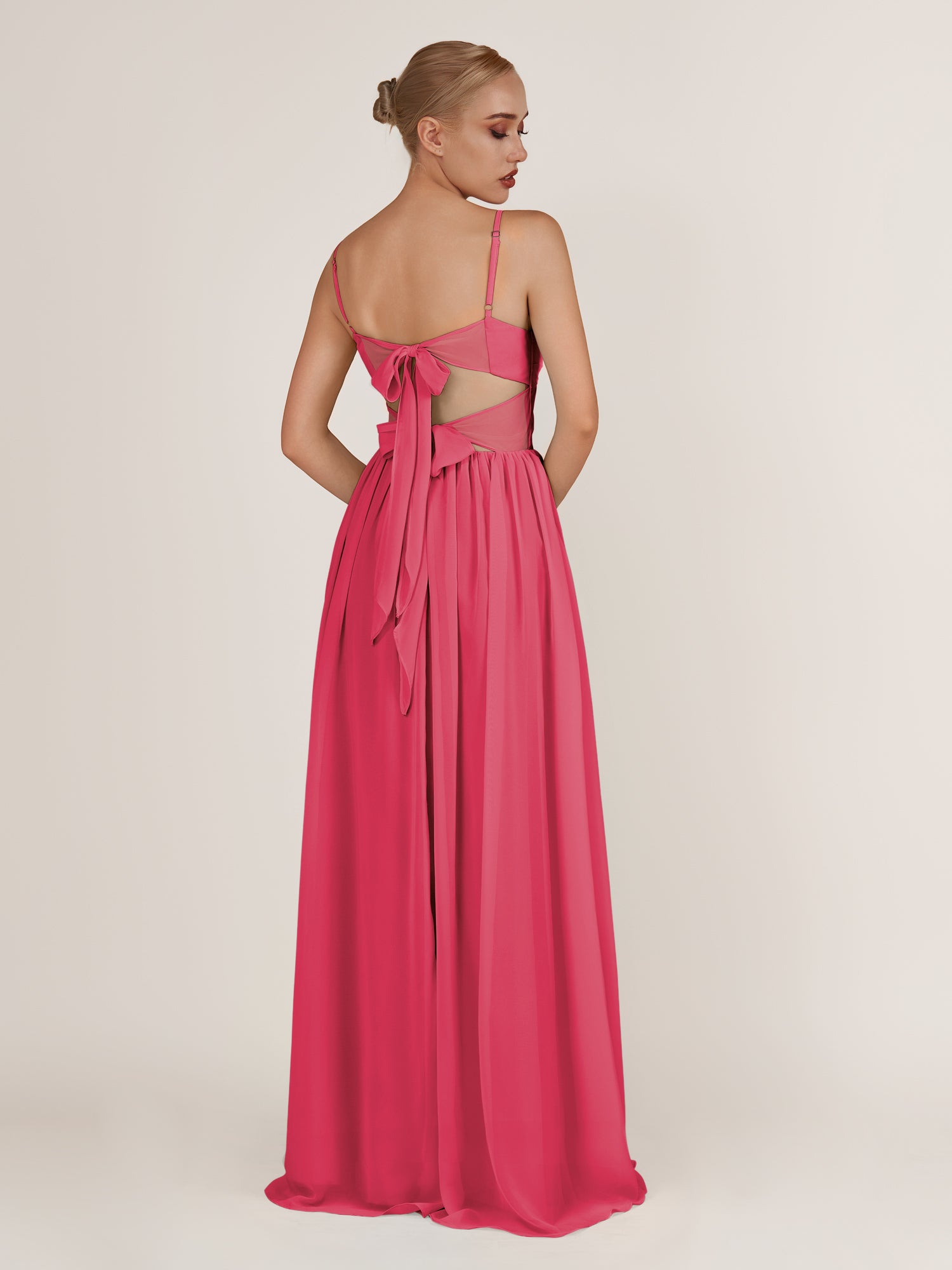 KissDress-Quillaine Fuchsia A Line V Neck Twisted Long Bridesmaid Dress with Slit