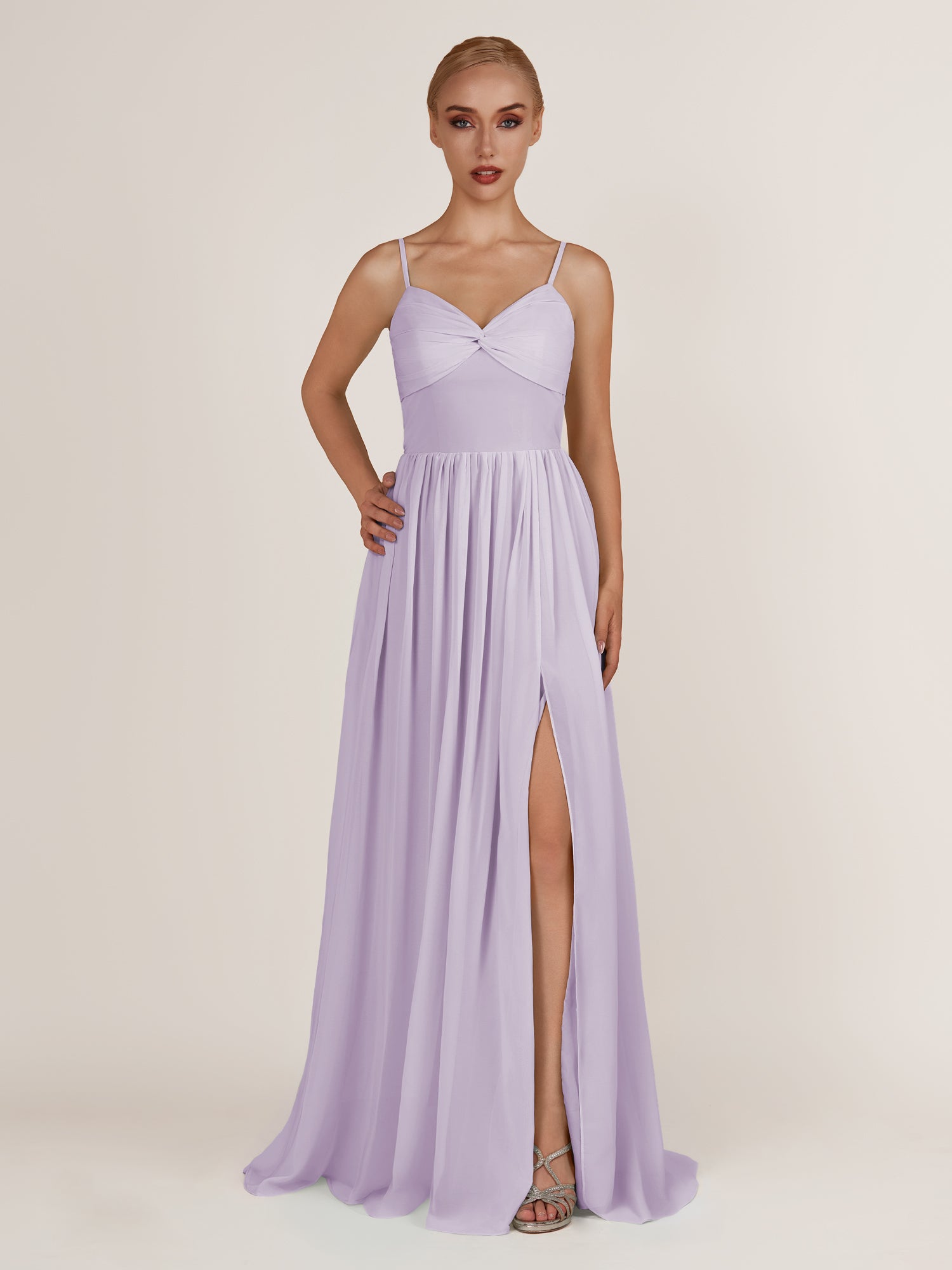 KissDress-Quillaine Lavender A Line V Neck Twisted Long Bridesmaid Dress with Slit