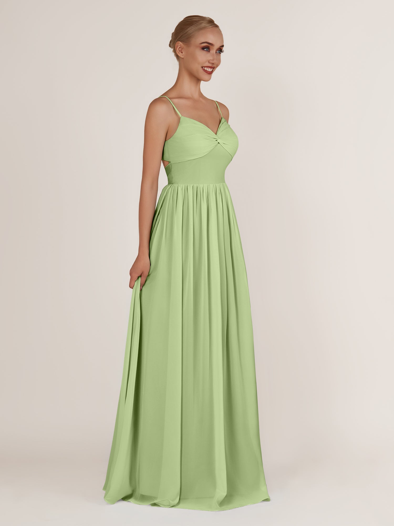 KissDress-Quillaine Matcha A Line V Neck Twisted Long Bridesmaid Dress with Slit