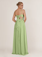KissDress-Quillaine Matcha A Line V Neck Twisted Long Bridesmaid Dress with Slit