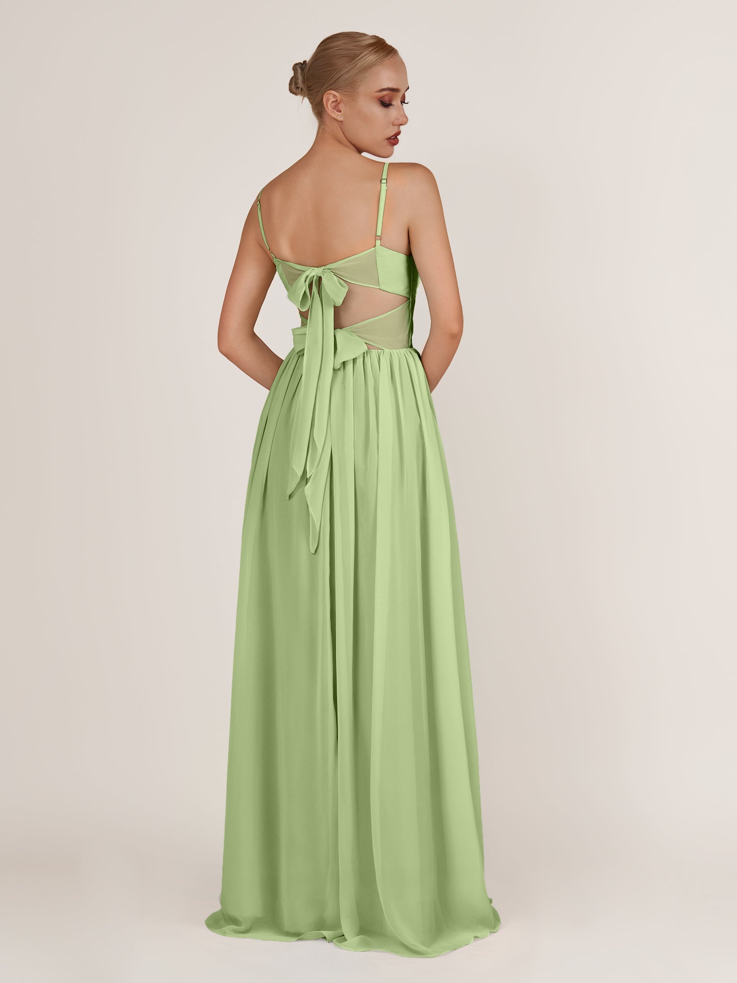 KissDress-Quillaine Matcha A Line V Neck Twisted Long Bridesmaid Dress with Slit