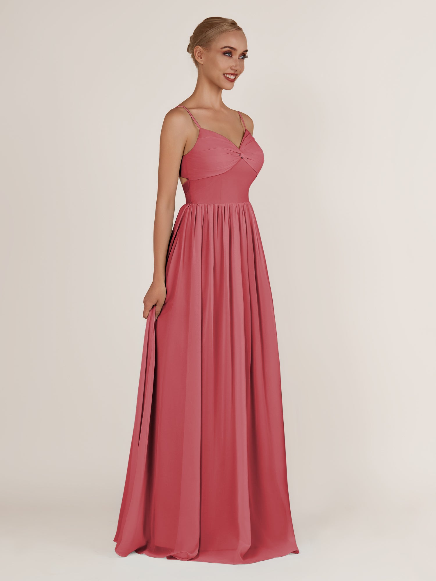KissDress-Quillaine Merlot A Line V Neck Twisted Long Bridesmaid Dress with Slit