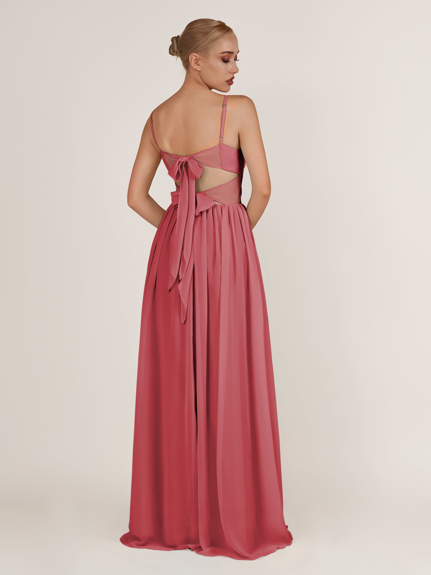 KissDress-Quillaine Merlot A Line V Neck Twisted Long Bridesmaid Dress with Slit
