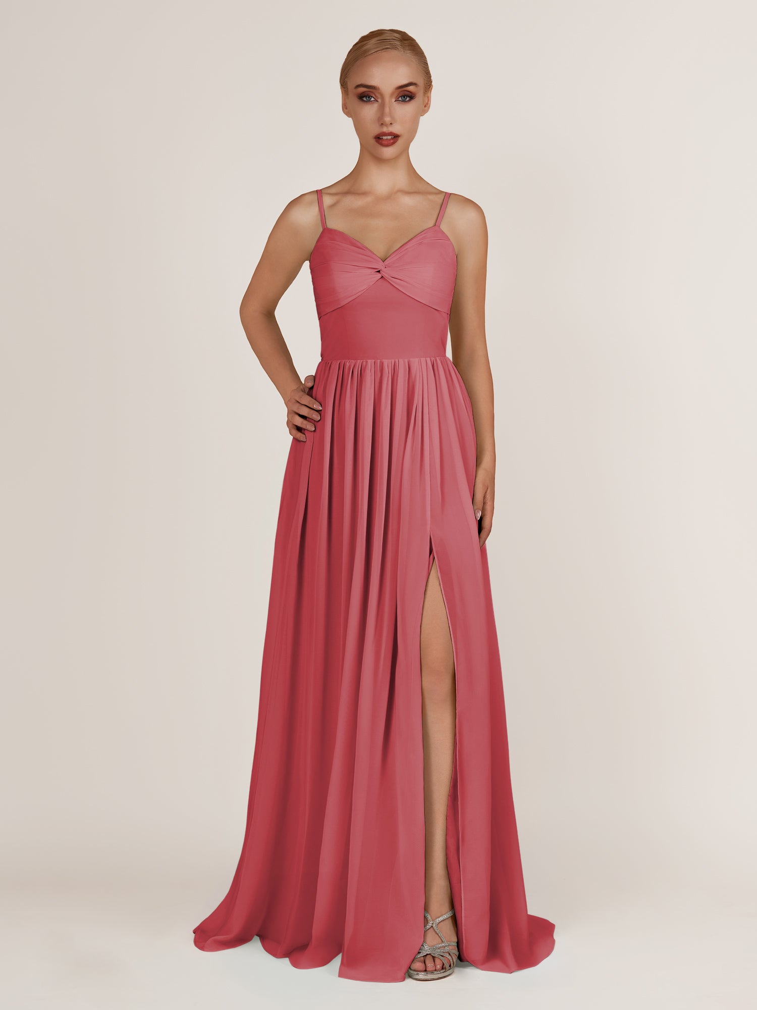 KissDress-Quillaine Merlot A Line V Neck Twisted Long Bridesmaid Dress with Slit