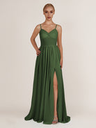 KissDress-Quillaine Moss A Line V Neck Twisted Long Bridesmaid Dress with Slit