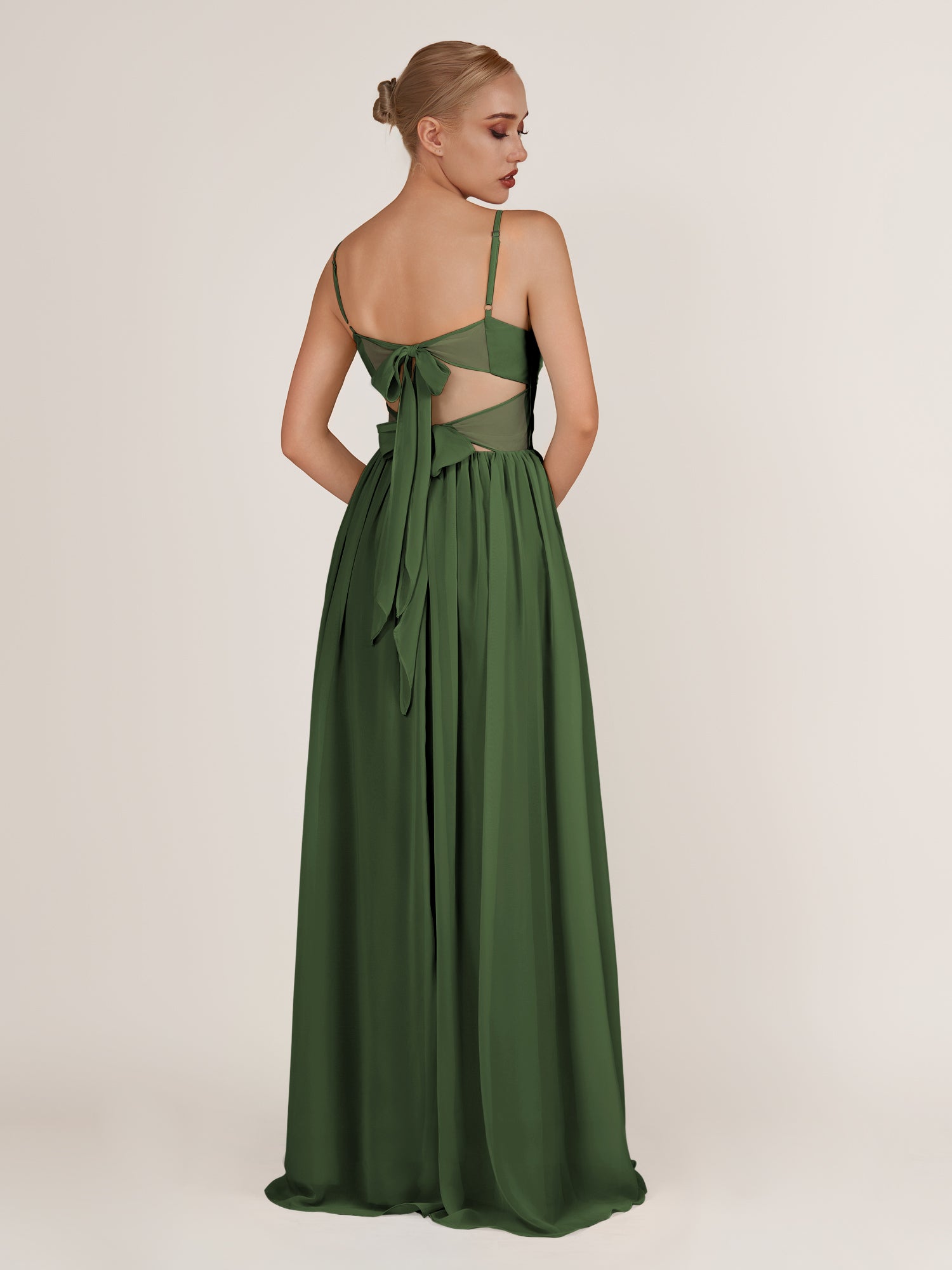 KissDress-Quillaine Moss A Line V Neck Twisted Long Bridesmaid Dress with Slit