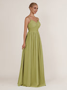 KissDress-Quillaine Moss Green A Line V Neck Twisted Long Bridesmaid Dress with Slit