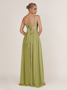 KissDress-Quillaine Moss Green A Line V Neck Twisted Long Bridesmaid Dress with Slit