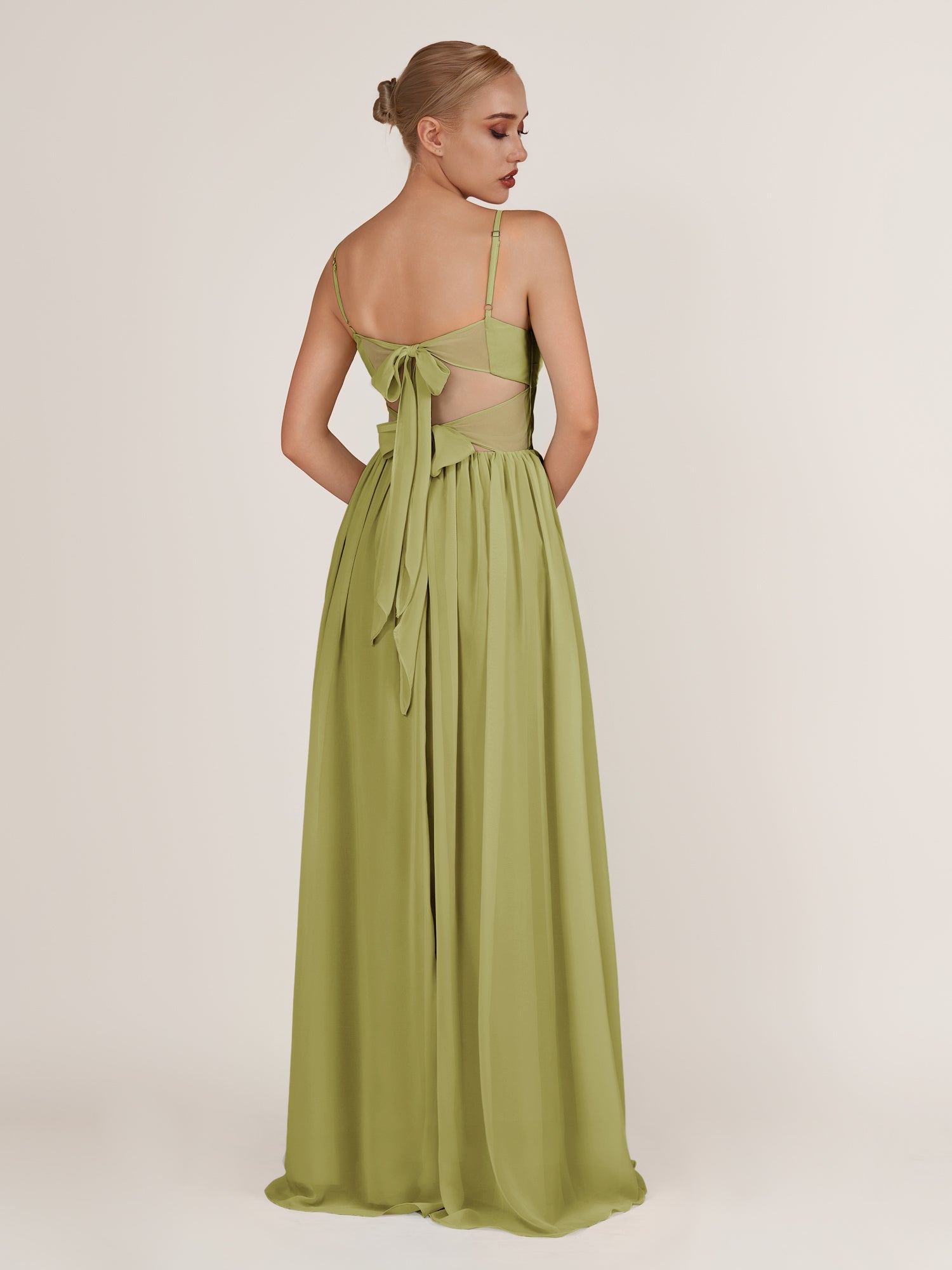KissDress-Quillaine Moss Green A Line V Neck Twisted Long Bridesmaid Dress with Slit
