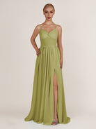 KissDress-Quillaine Moss Green A Line V Neck Twisted Long Bridesmaid Dress with Slit