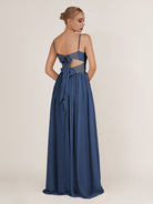 KissDress-Quillaine Navy A Line V Neck Twisted Long Bridesmaid Dress with Slit