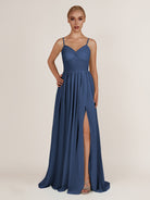 KissDress-Quillaine Navy A Line V Neck Twisted Long Bridesmaid Dress with Slit