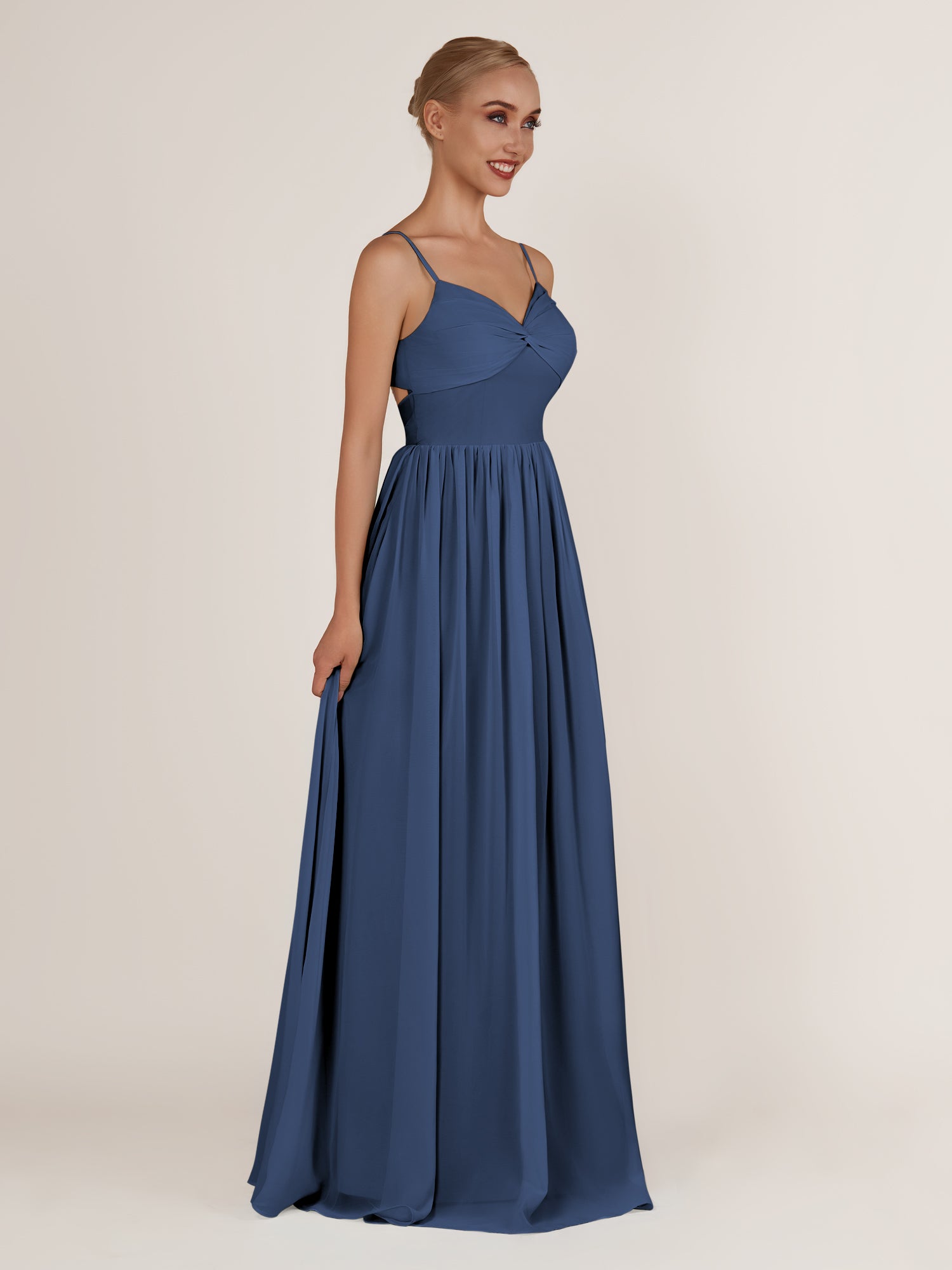 KissDress-Quillaine Navy A Line V Neck Twisted Long Bridesmaid Dress with Slit