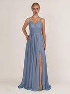 KissDress-Quillaine Neptune A Line V Neck Twisted Long Bridesmaid Dress with Slit