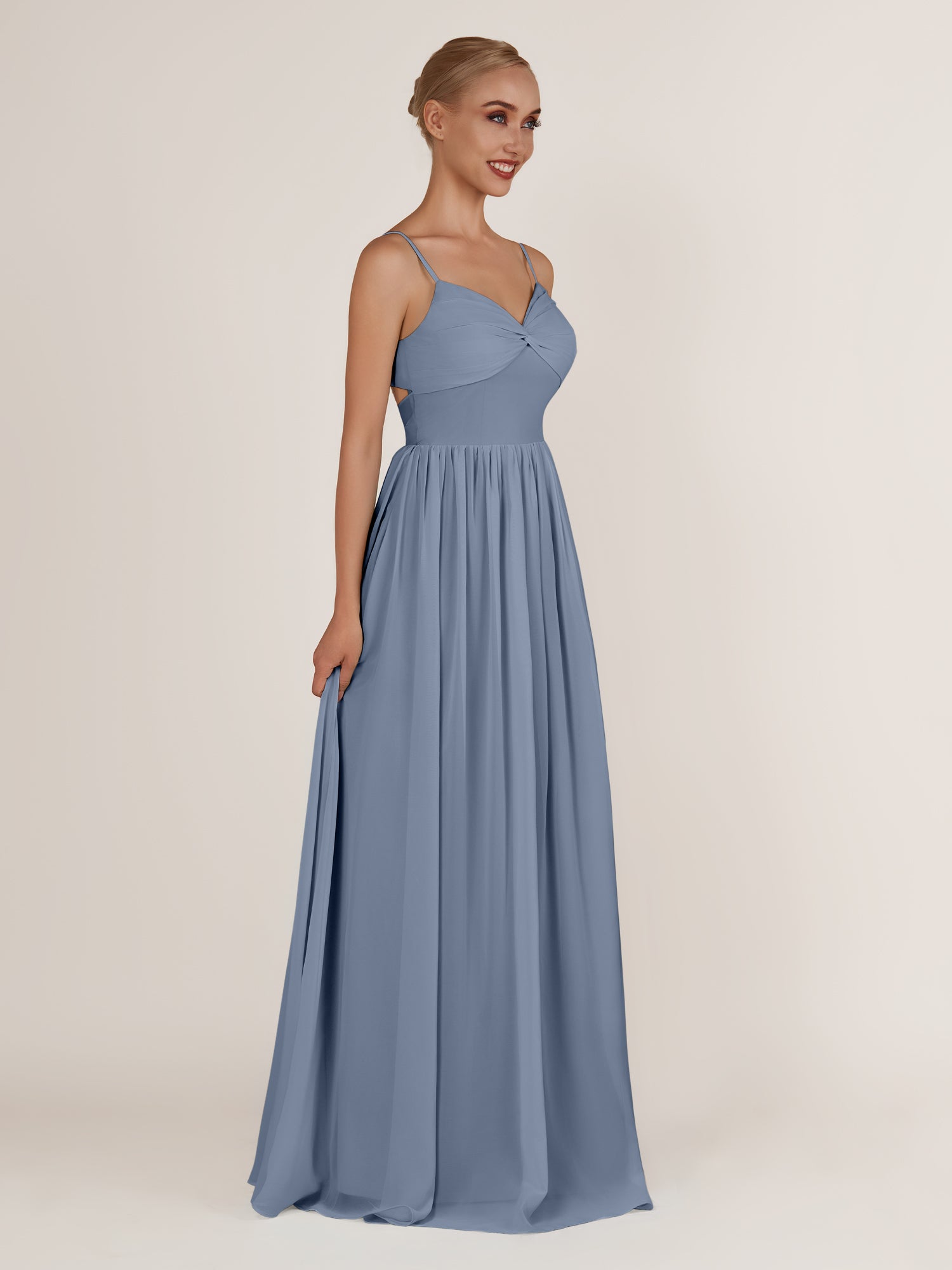 KissDress-Quillaine Neptune A Line V Neck Twisted Long Bridesmaid Dress with Slit