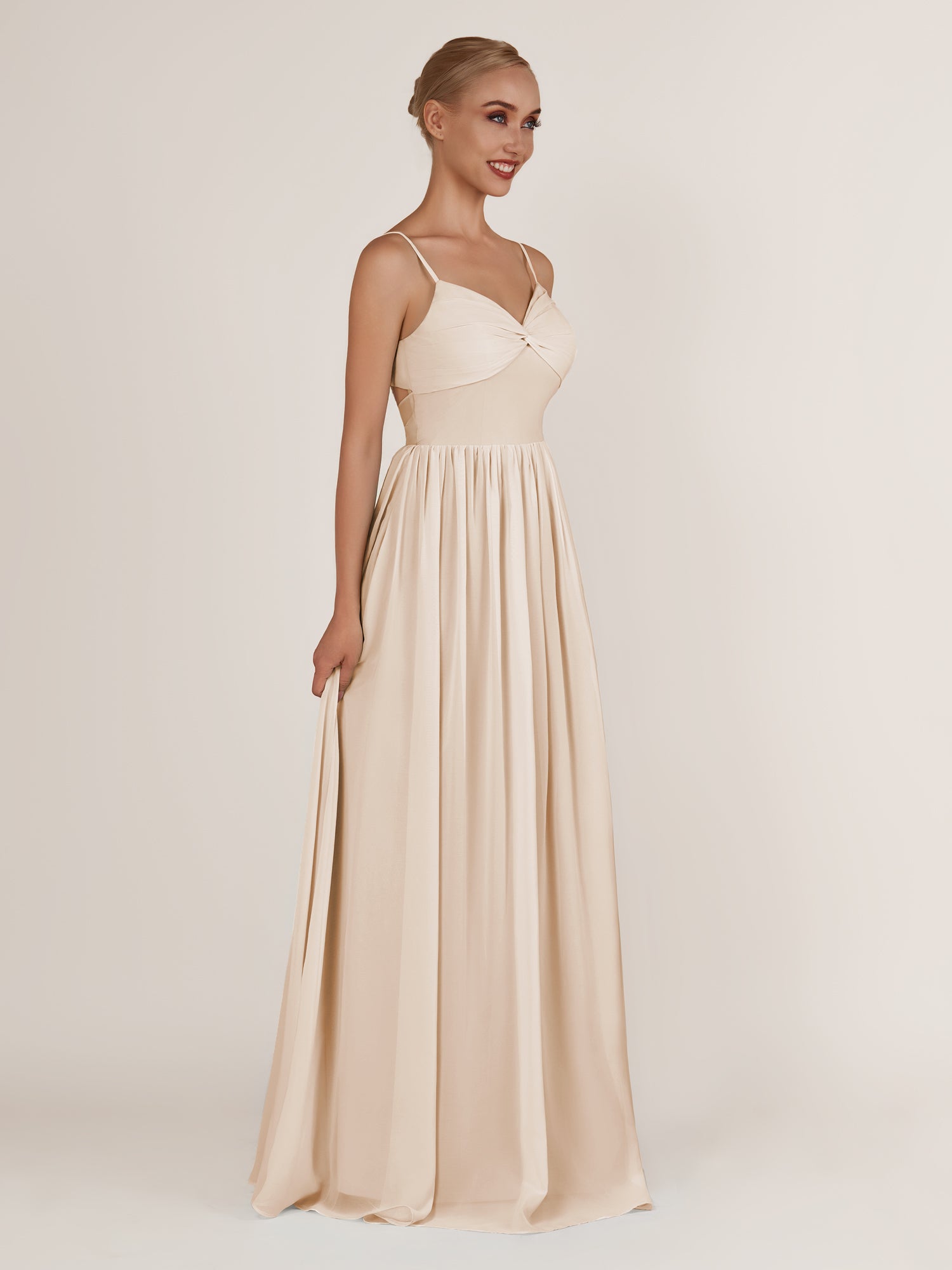 KissDress-Quillaine Pale Blush A Line V Neck Twisted Long Bridesmaid Dress with Slit