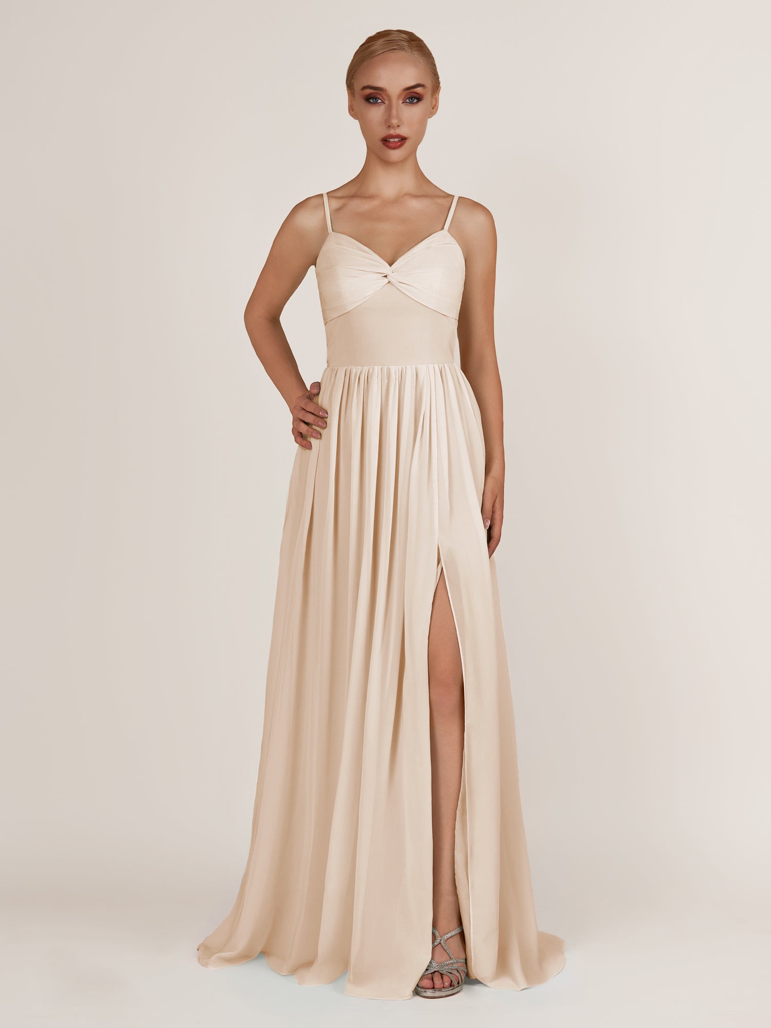 KissDress-Quillaine Pale Blush A Line V Neck Twisted Long Bridesmaid Dress with Slit
