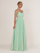 KissDress-Quillaine Pale Pistachio A Line V Neck Twisted Long Bridesmaid Dress with Slit