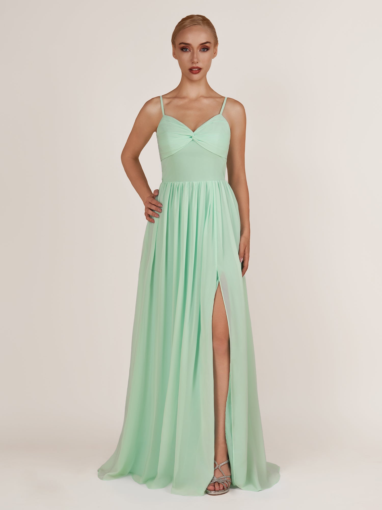 KissDress-Quillaine Pale Pistachio A Line V Neck Twisted Long Bridesmaid Dress with Slit