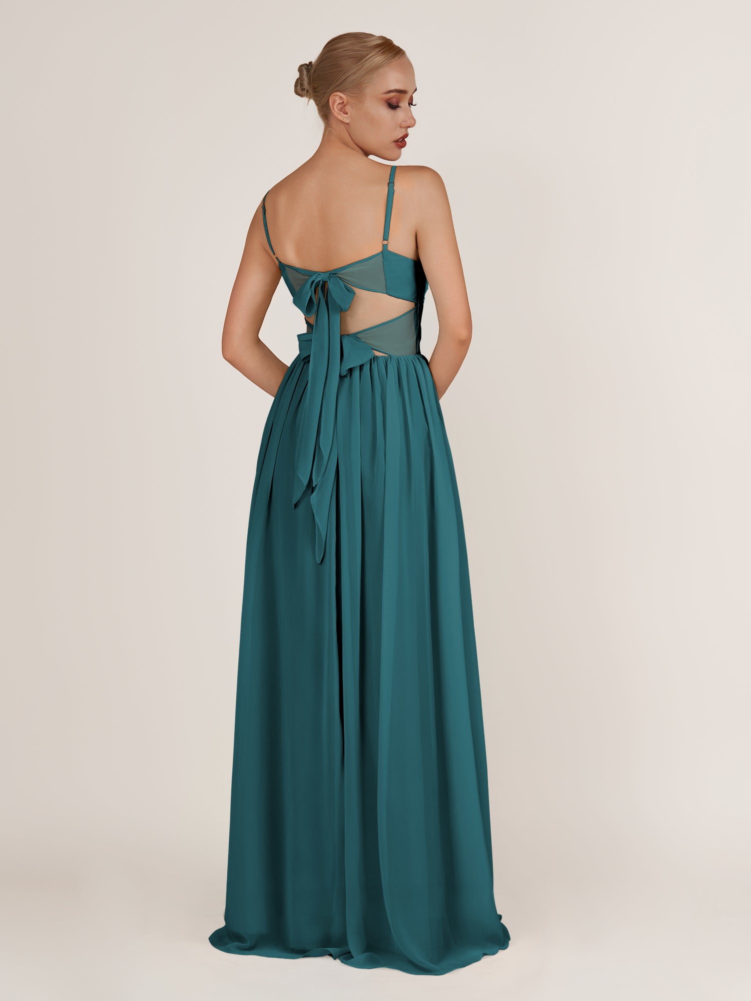 KissDress-Quillaine Pine A Line V Neck Twisted Long Bridesmaid Dress with Slit