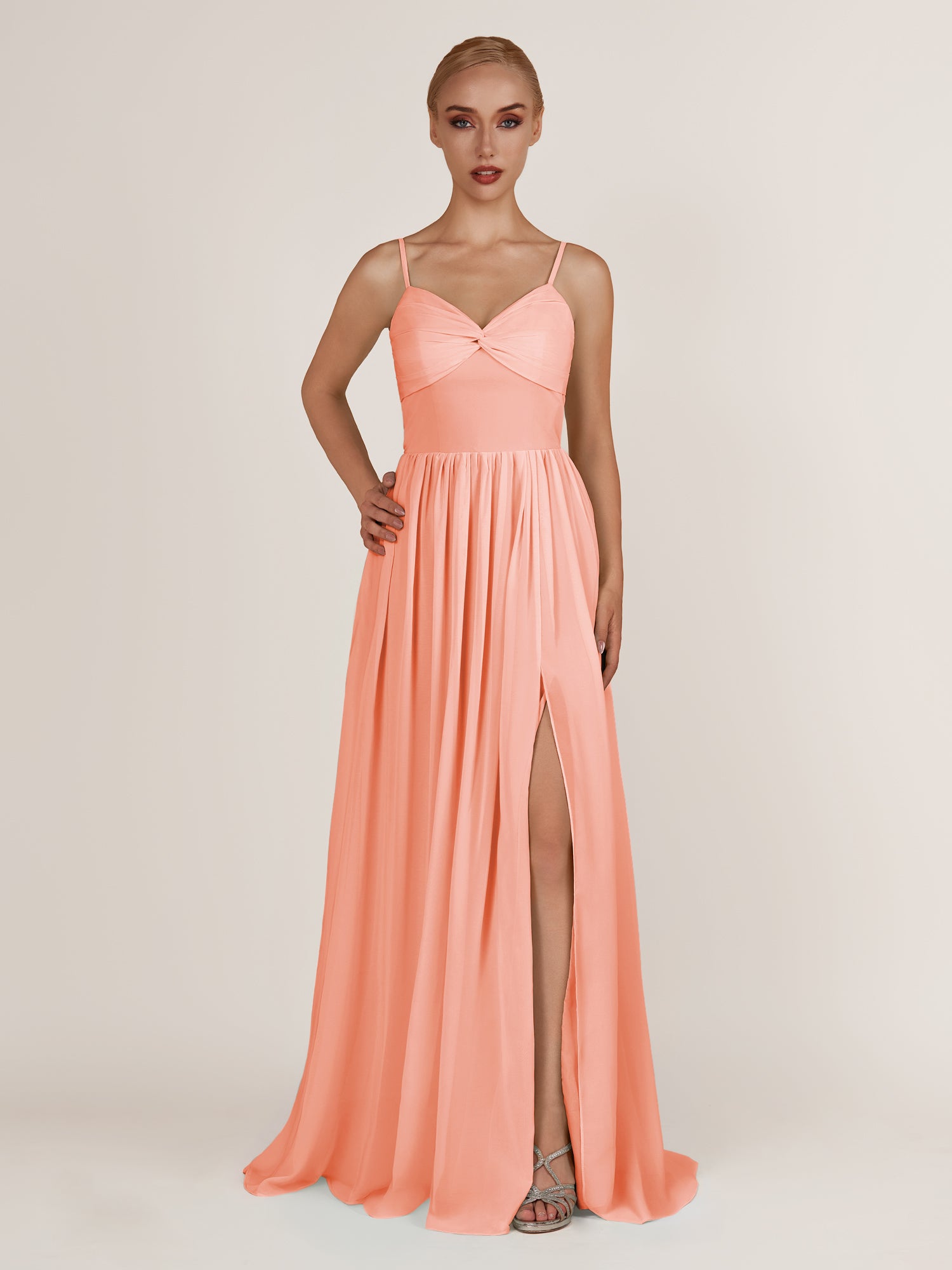 KissDress-Quillaine Rosette A Line V Neck Twisted Long Bridesmaid Dress with Slit