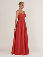 KissDress-Quillaine Ruby Red A Line V Neck Twisted Long Bridesmaid Dress with Slit