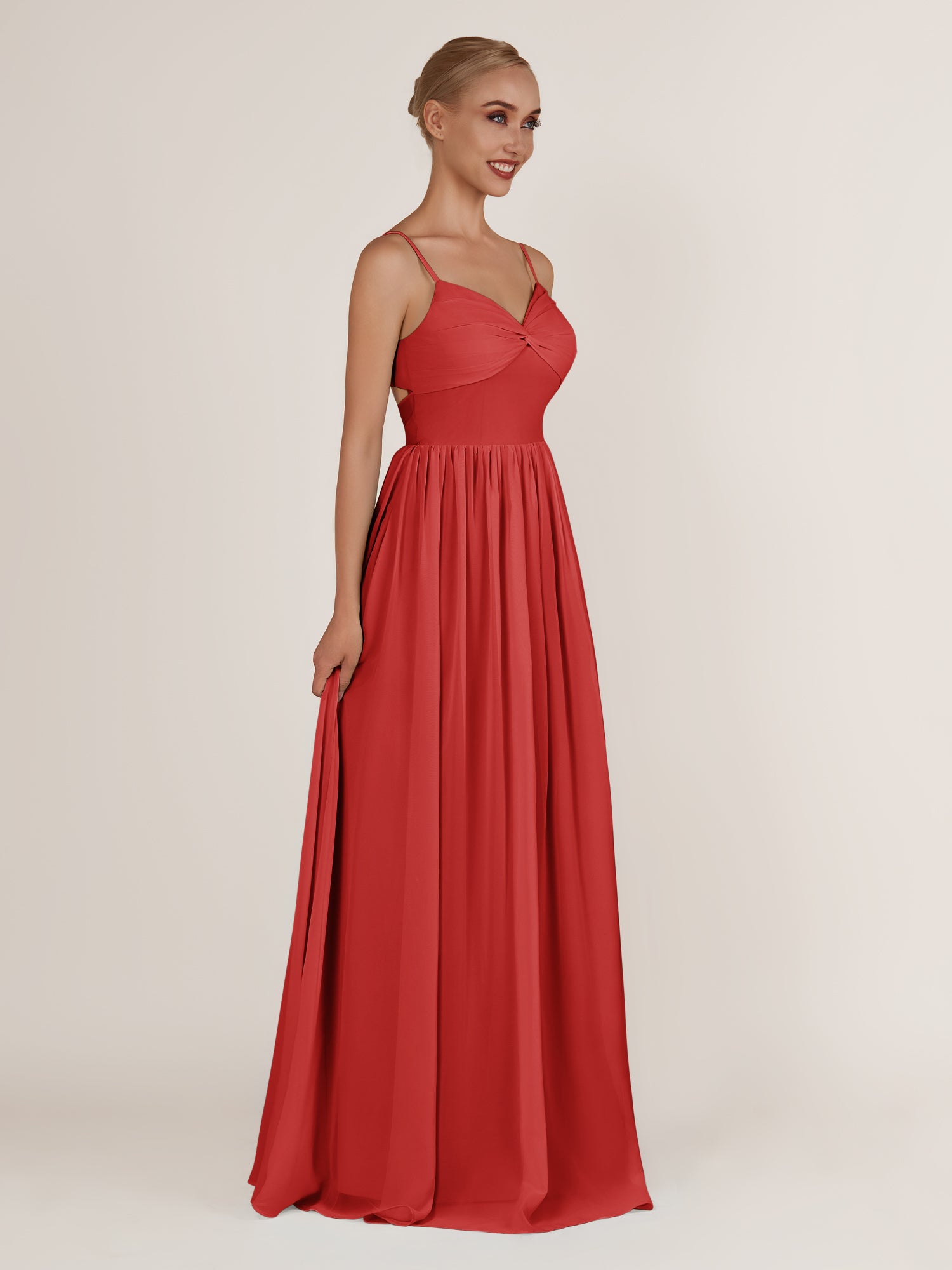 KissDress-Quillaine Ruby Red A Line V Neck Twisted Long Bridesmaid Dress with Slit