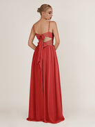 KissDress-Quillaine Ruby Red A Line V Neck Twisted Long Bridesmaid Dress with Slit