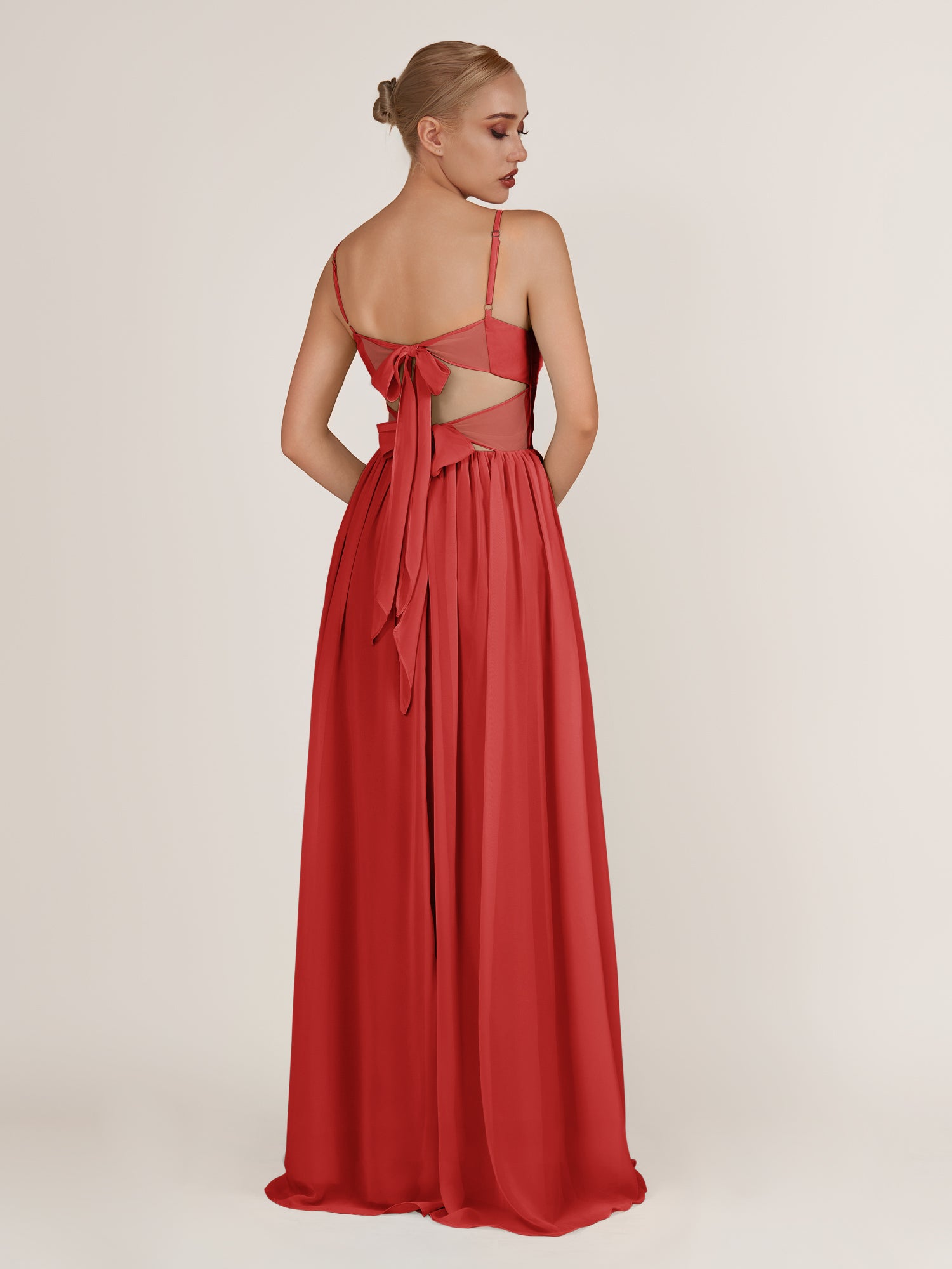 KissDress-Quillaine Ruby Red A Line V Neck Twisted Long Bridesmaid Dress with Slit
