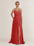 KissDress-Quillaine Ruby Red A Line V Neck Twisted Long Bridesmaid Dress with Slit