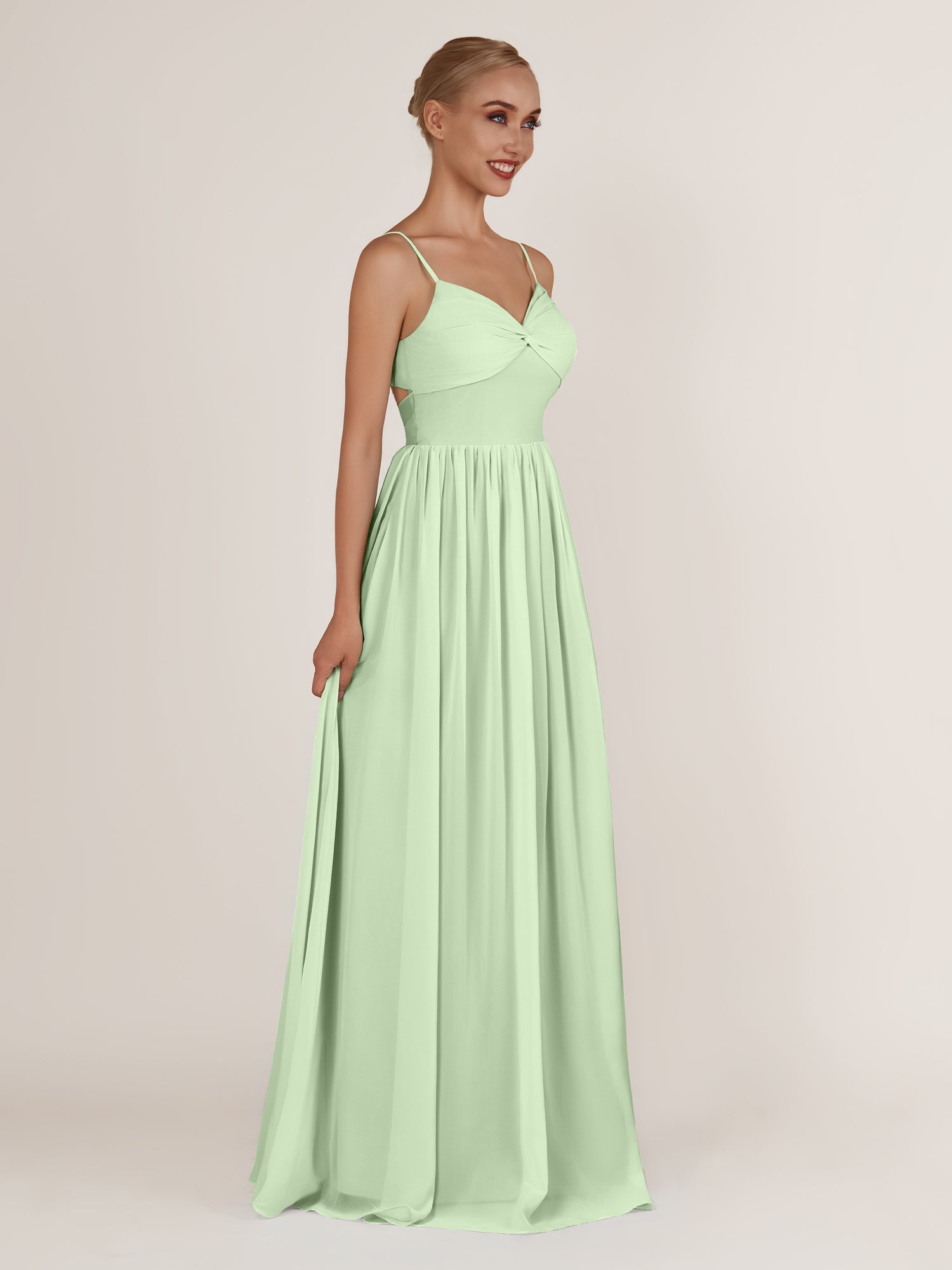 KissDress-Quillaine Sage A Line V Neck Twisted Long Bridesmaid Dress with Slit