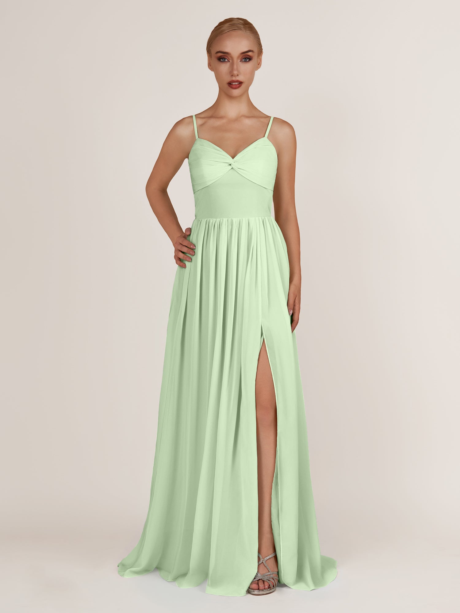 KissDress-Quillaine Sage A Line V Neck Twisted Long Bridesmaid Dress with Slit