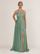KissDress-Quillaine Sea Glass A Line V Neck Twisted Long Bridesmaid Dress with Slit